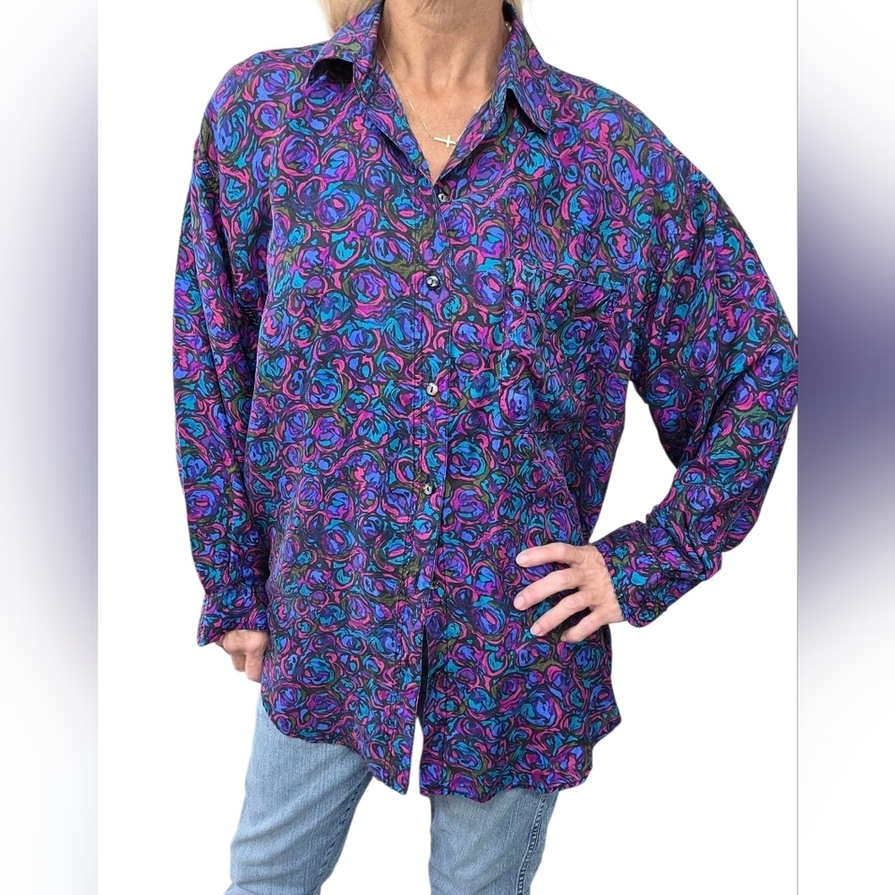 Vintage 90s Punch 100% Silk Floral Shirt M Oversized Jewel Tone